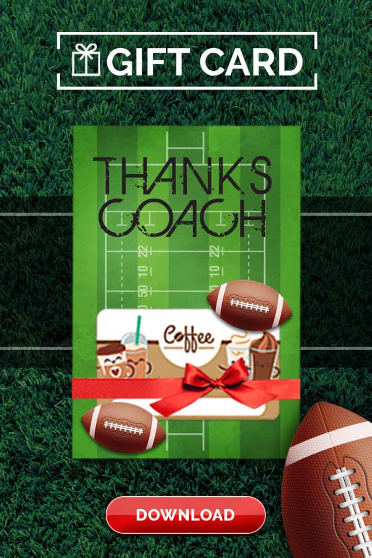 Free Football Coach Thank You Card to print and present to coach with a gift card from the team! Available for immediate access to download and print! via @SidelineWarrior